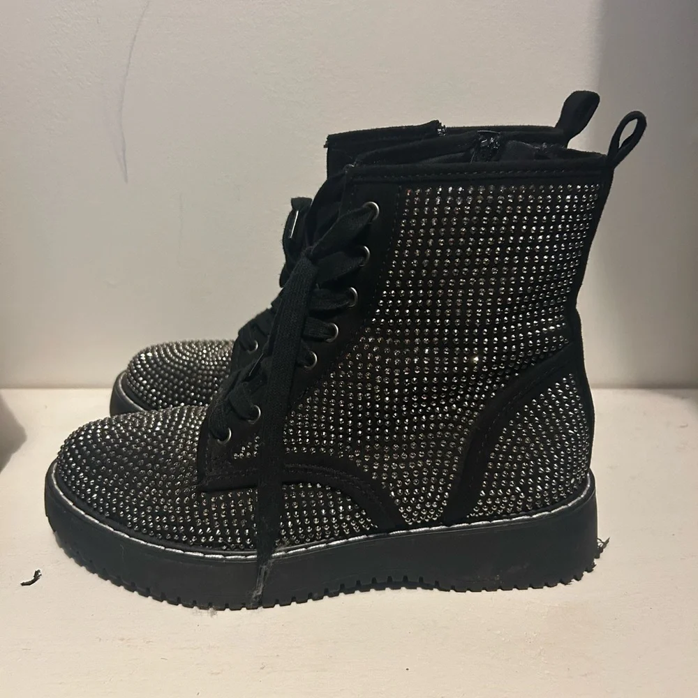 Madden Girl Black Studded Lace-Up Combat Boots - Picture 2 of 6